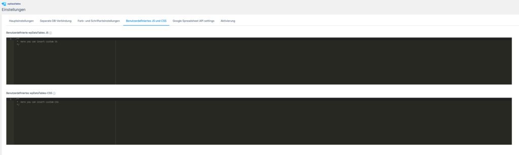 Screenshot Custom CSS bei dem Plugin wpdatatables